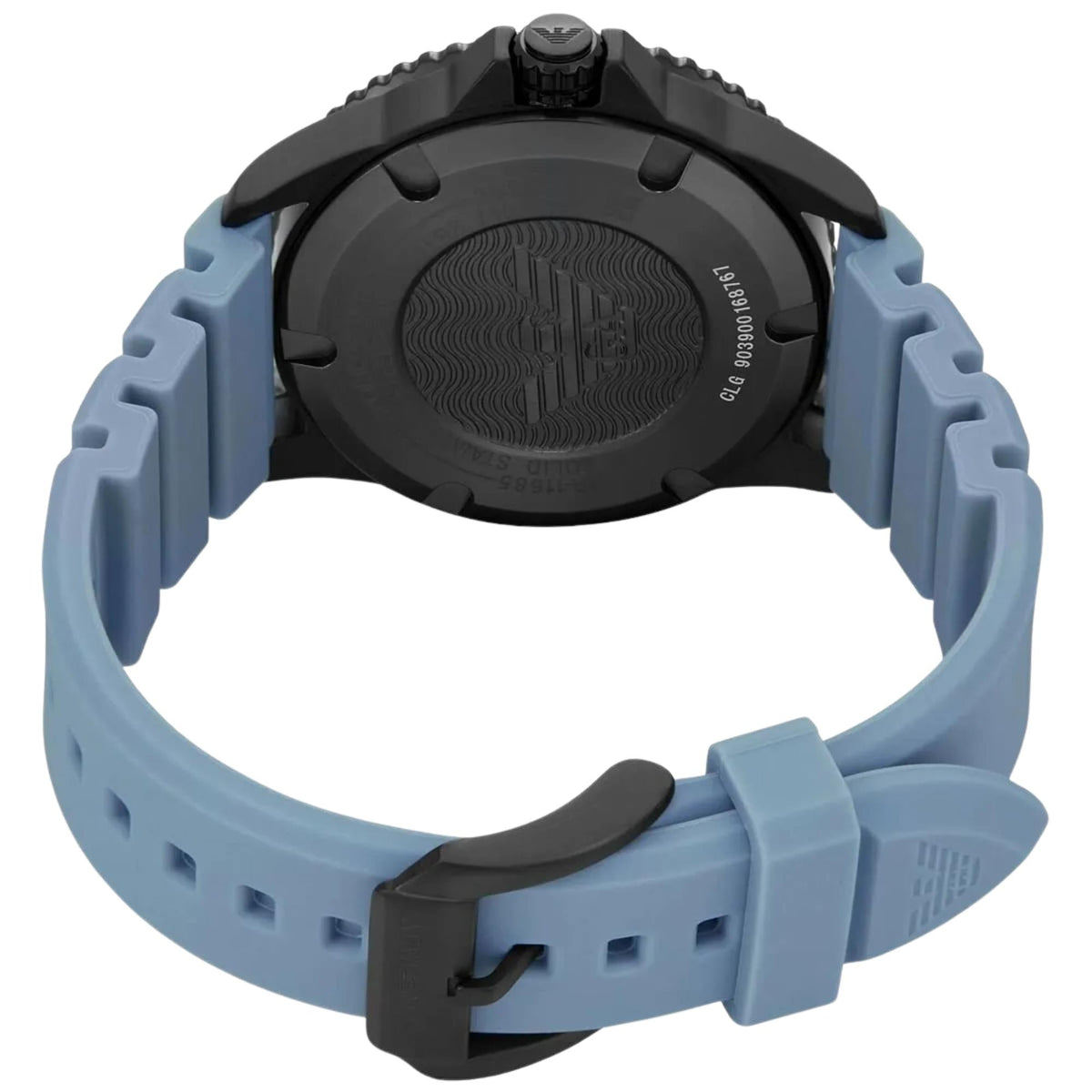 Emporio Armani World Explorer AR11685 back view showing engraved case back and blue silicone strap buckle