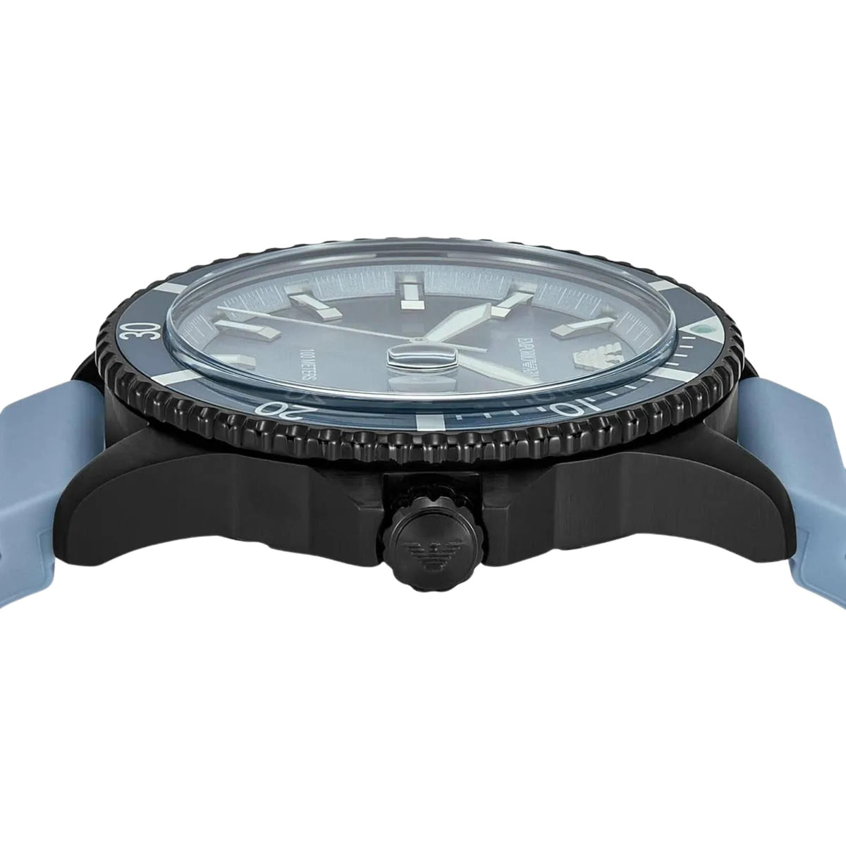 Emporio Armani World Explorer AR11685 horizontal profile displaying slim case and crown detail
