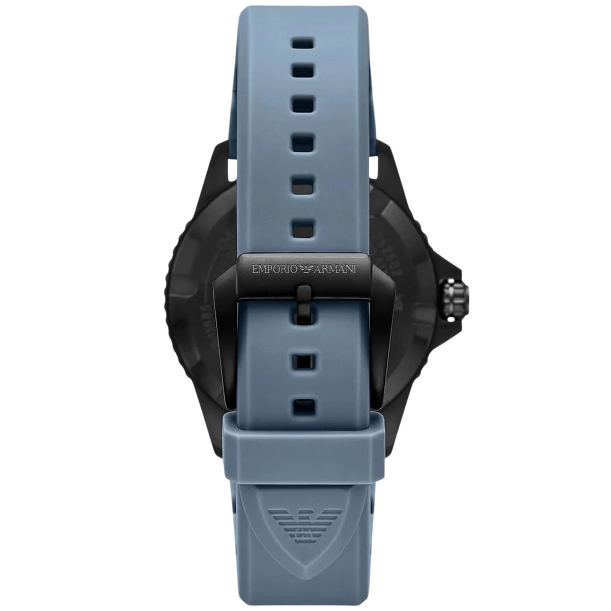 Emporio Armani World Explorer AR11685 rear view displaying silicone strap with branded pin buckle