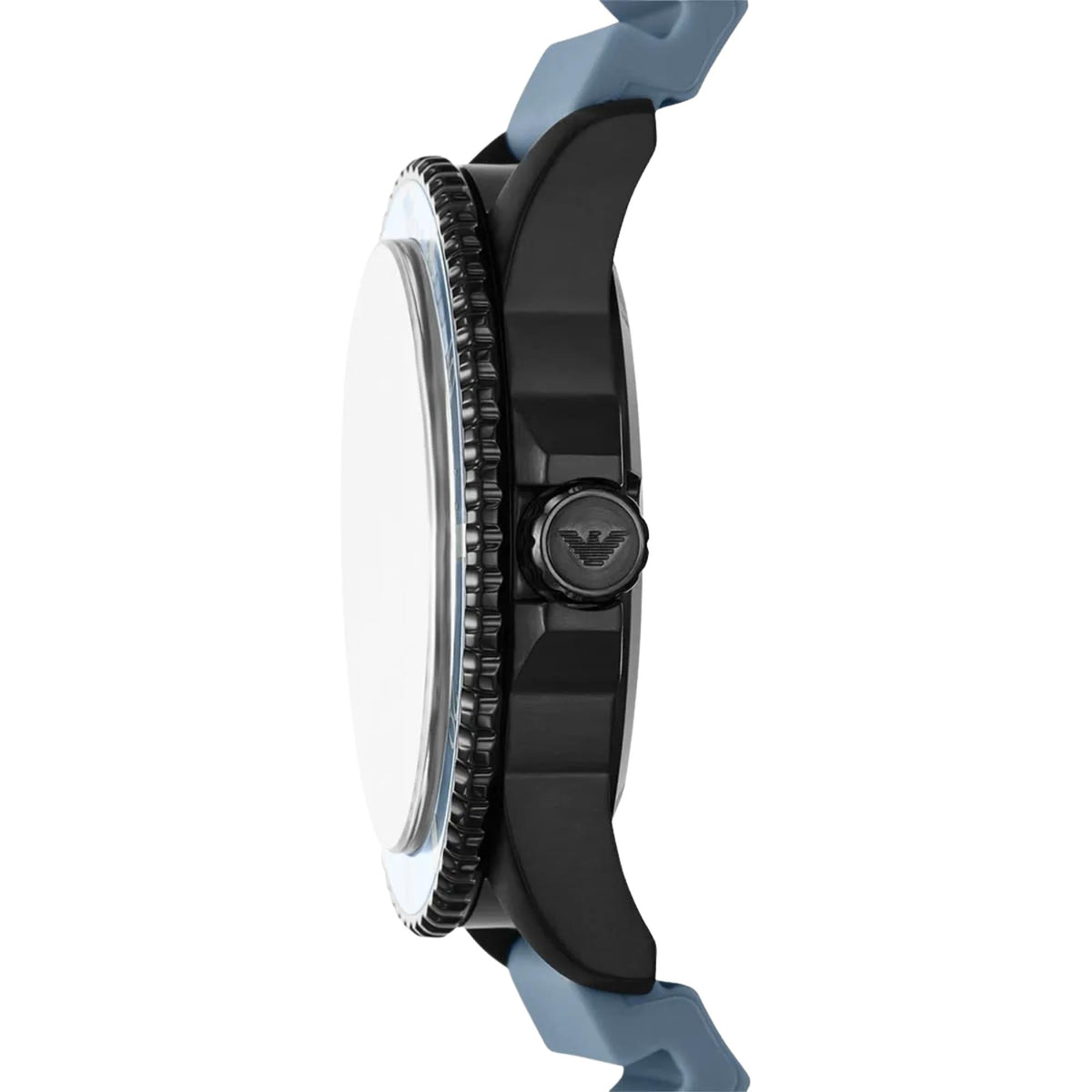 Emporio Armani World Explorer AR11685 side view close-up showing black case profile and signed crown