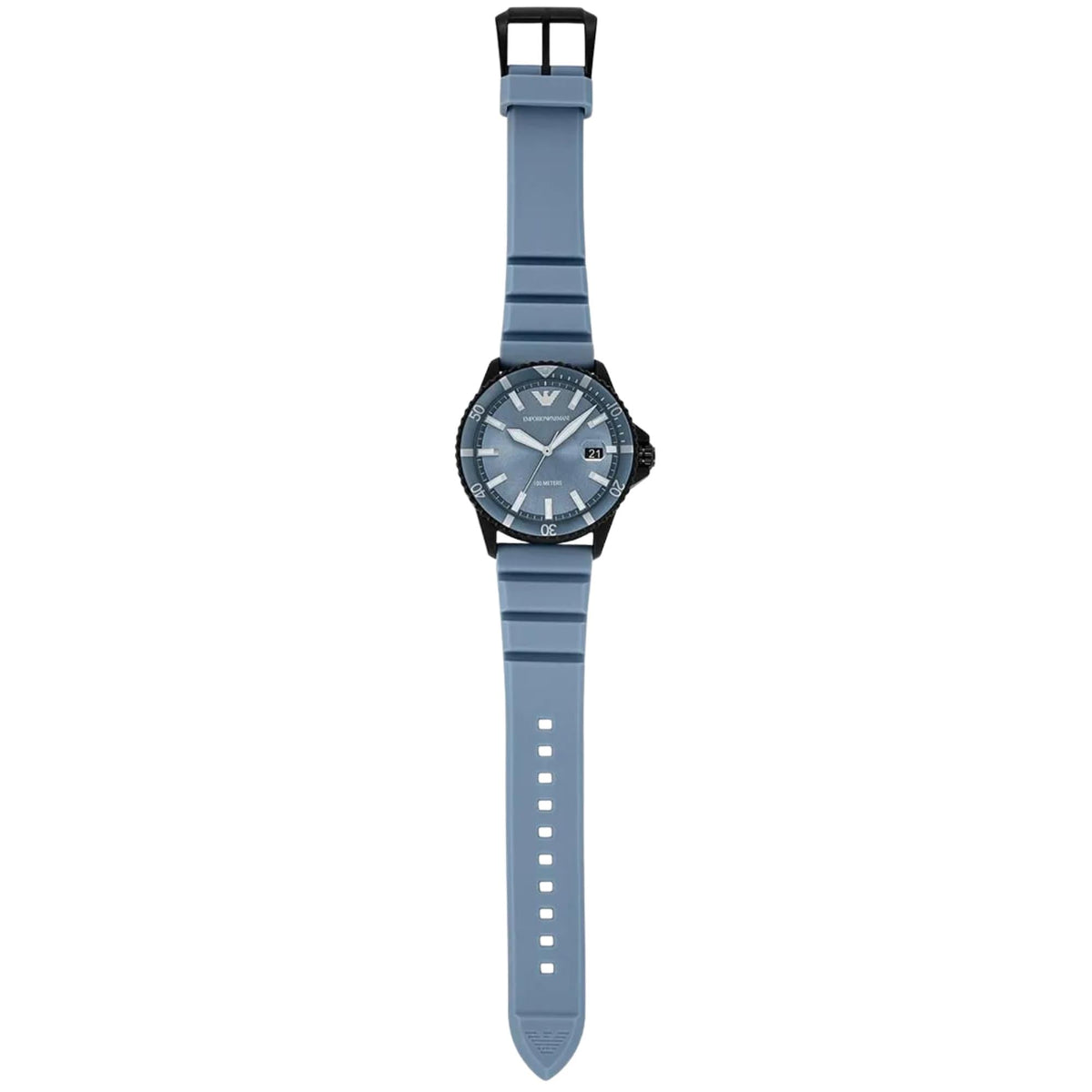 Emporio Armani World Explorer AR11685 full flat lay view featuring blue dial and extended silicone strap