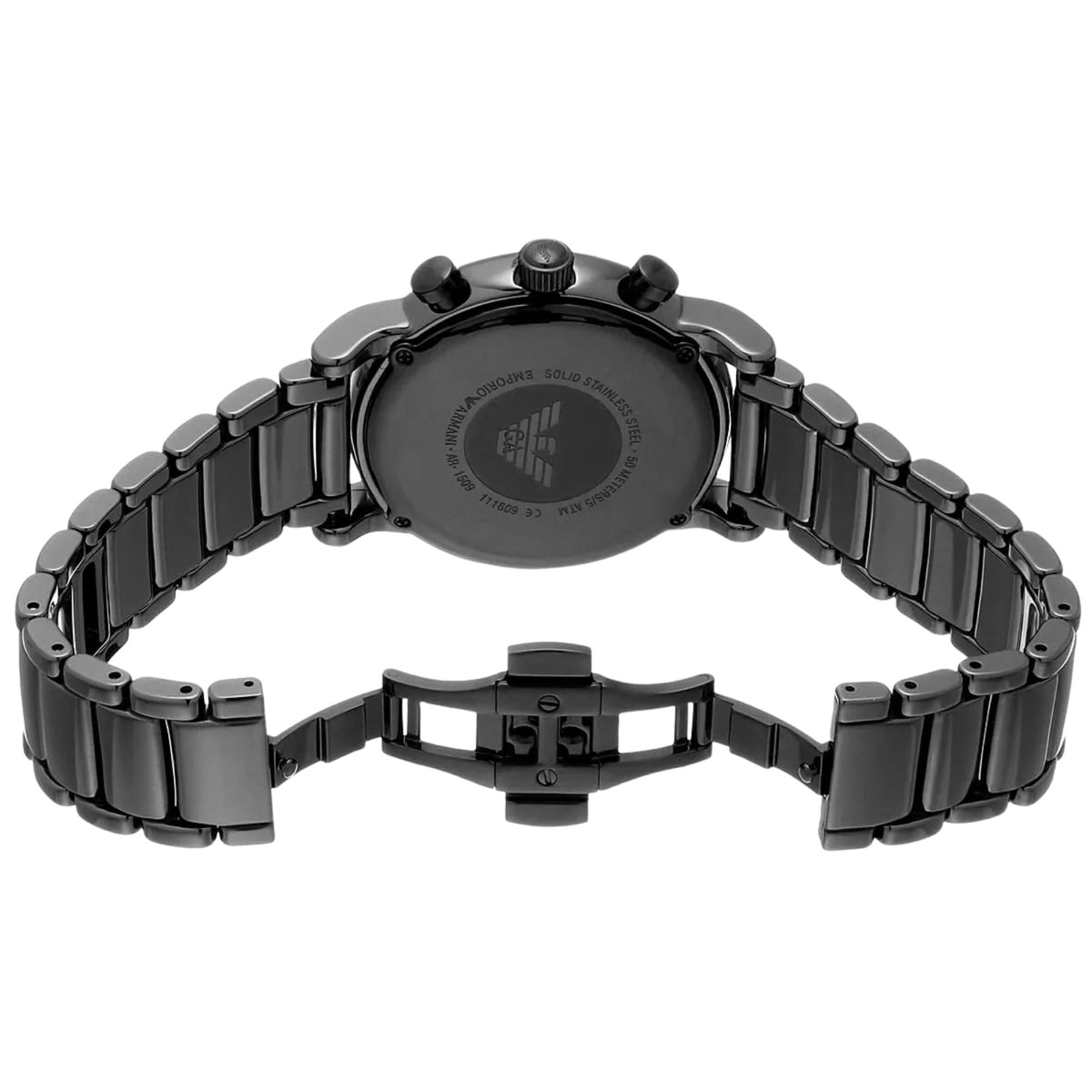 Emporio Armani Luigi AR1509 rear view featuring open deployment clasp and engraved case back