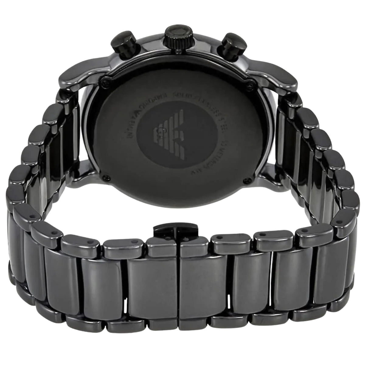 Emporio Armani Luigi AR1509 back angle displaying ceramic bracelet construction and brand motif