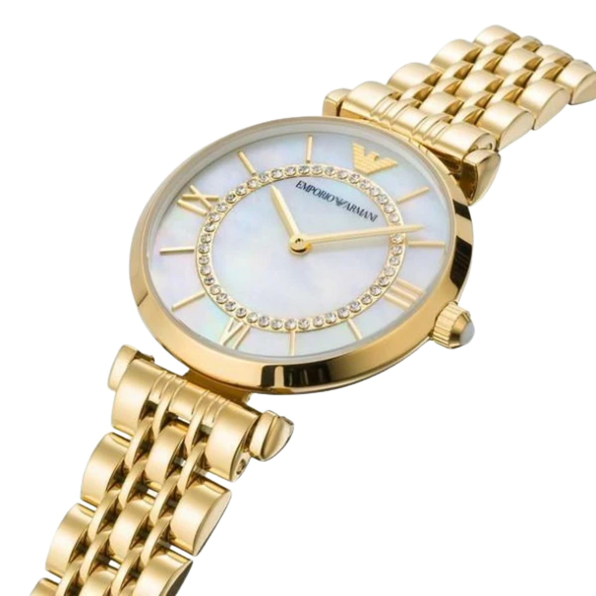 Emporio Armani Gianni T-Bar AR1907 angled view showing mother of pearl dial with Roman numerals and link bracelet