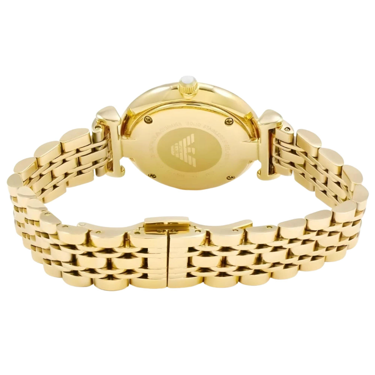 Emporio Armani Gianni T-Bar AR1907 rear angle view displaying back case and open yellow gold-tone bracelet