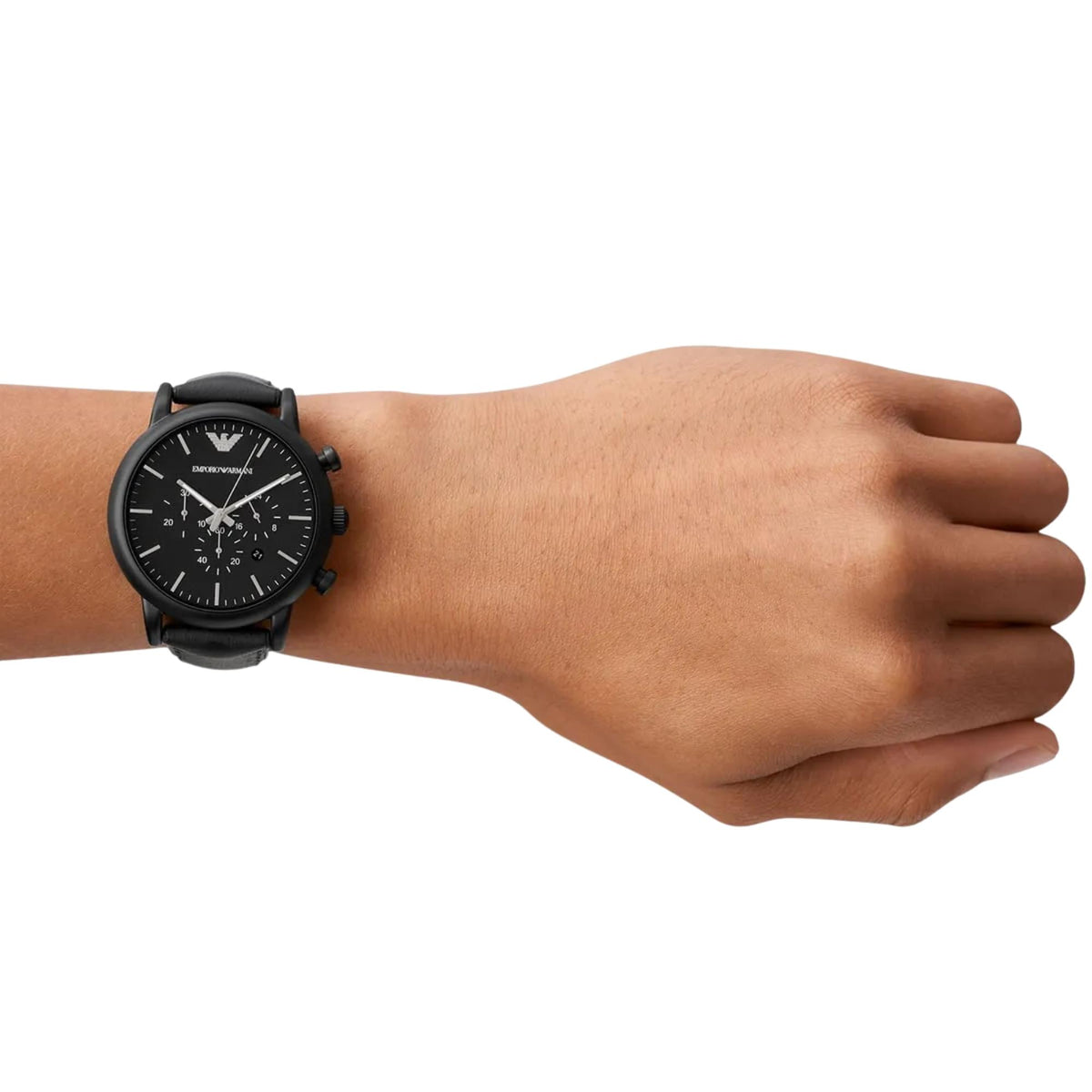 Emporio Armani Luigi AR1970 lifestyle wrist view highlighting black leather strap and round dial