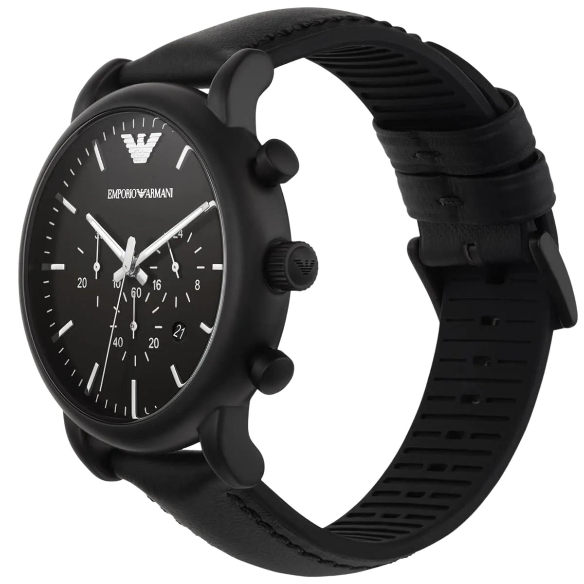 Emporio Armani Luigi AR1970 perspective view showing black dial with chronograph pushers and leather band