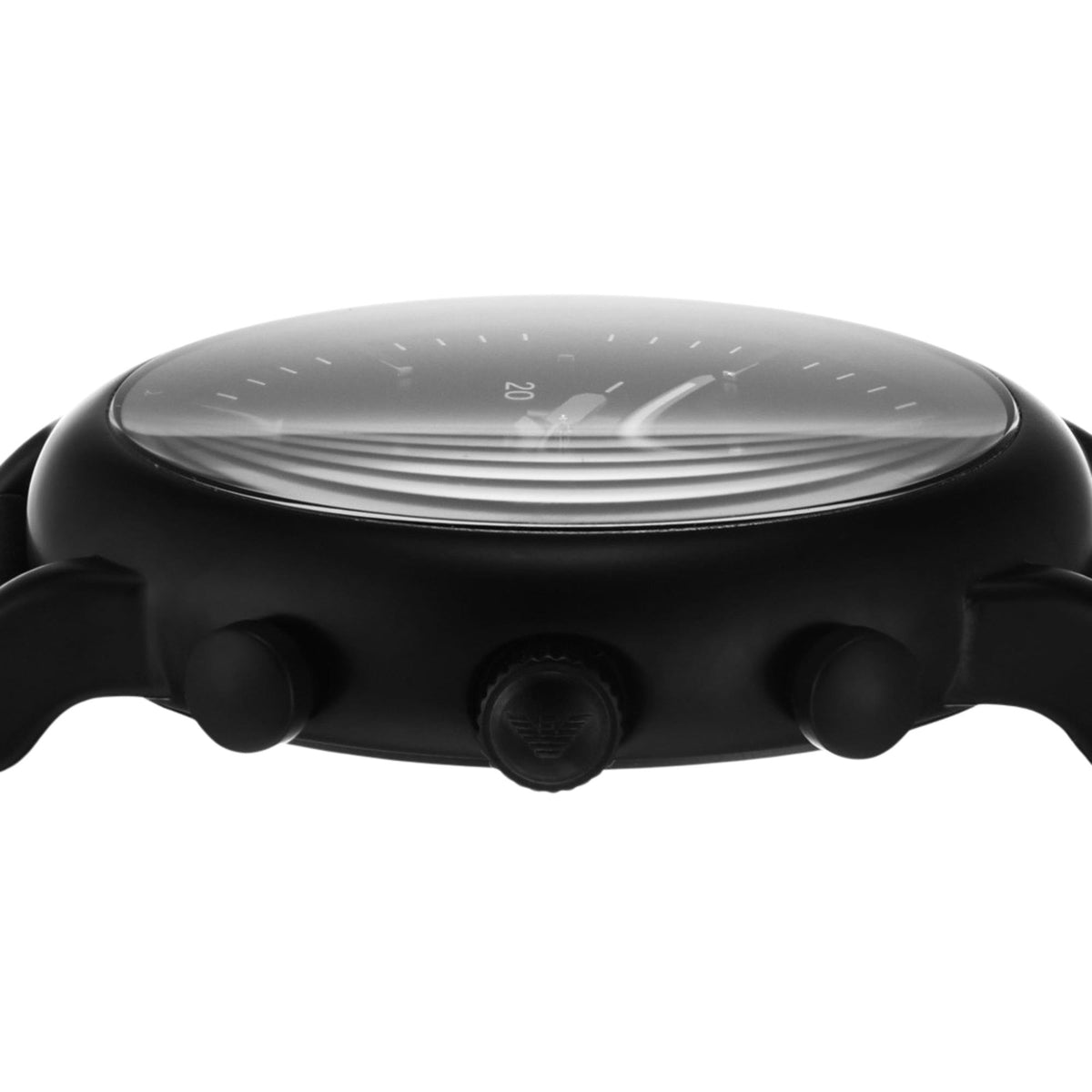 Emporio Armani Luigi AR1970 close-up view of crown detail and matte black case profile