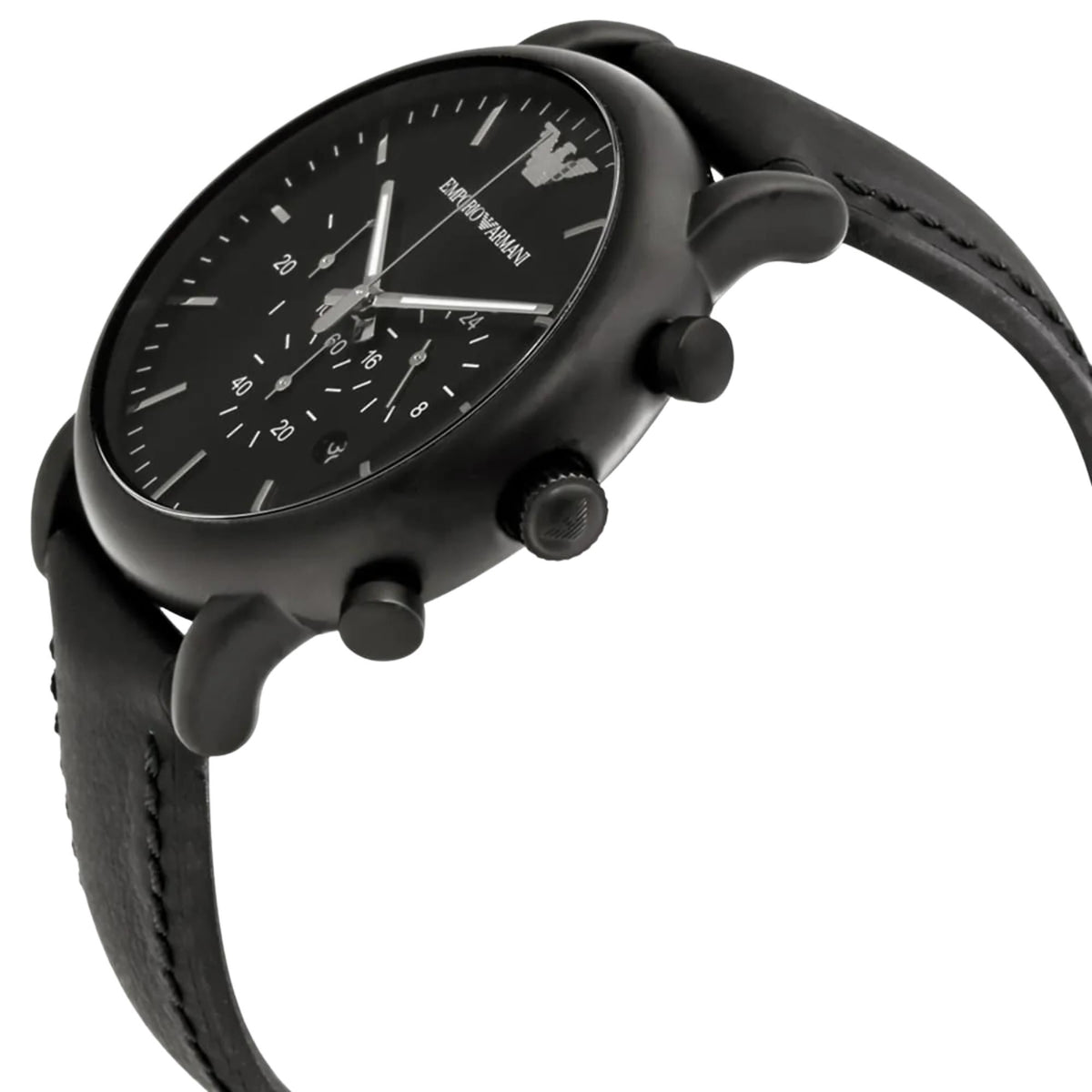 Emporio Armani Luigi AR1970 angled shot highlighting black dial layout and leather strap attachment