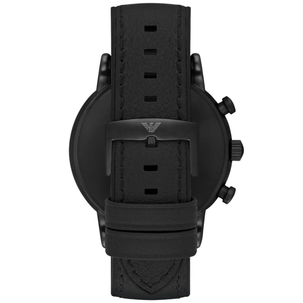 Emporio Armani Luigi AR1970 reverse view showcasing black leather strap and pin buckle closure