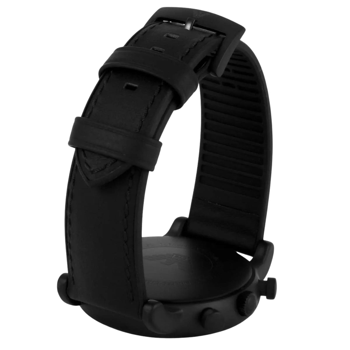 Emporio Armani Luigi AR1970 standing rear perspective showing black leather band and buckle detail