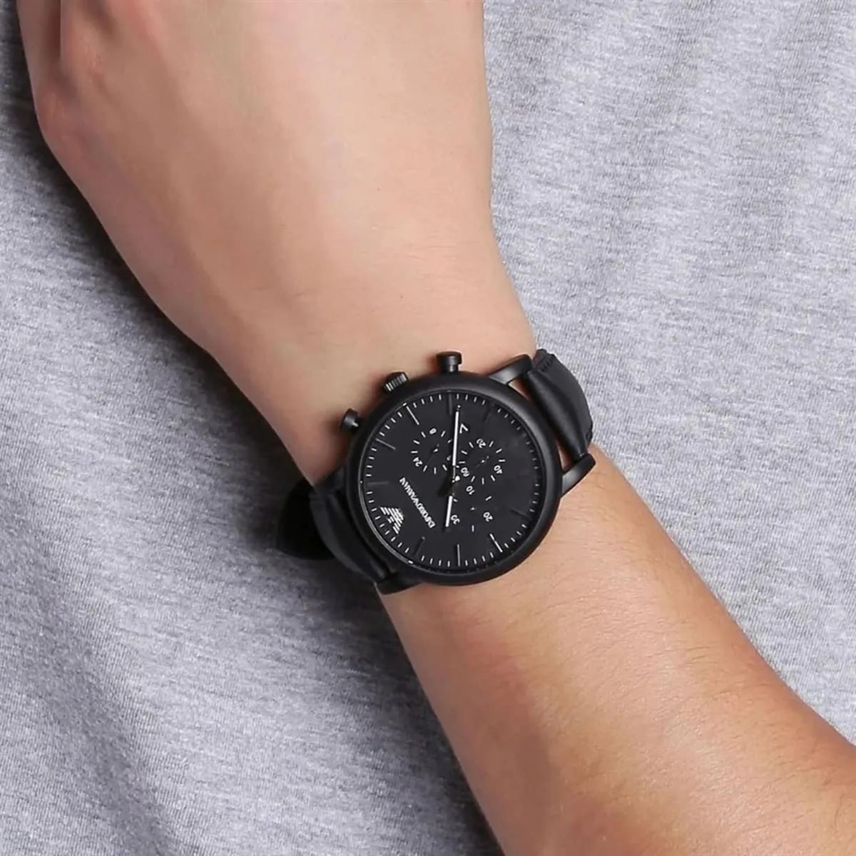 Emporio Armani Luigi AR1970 wrist shot demonstrating black dial proportion and leather strap fit