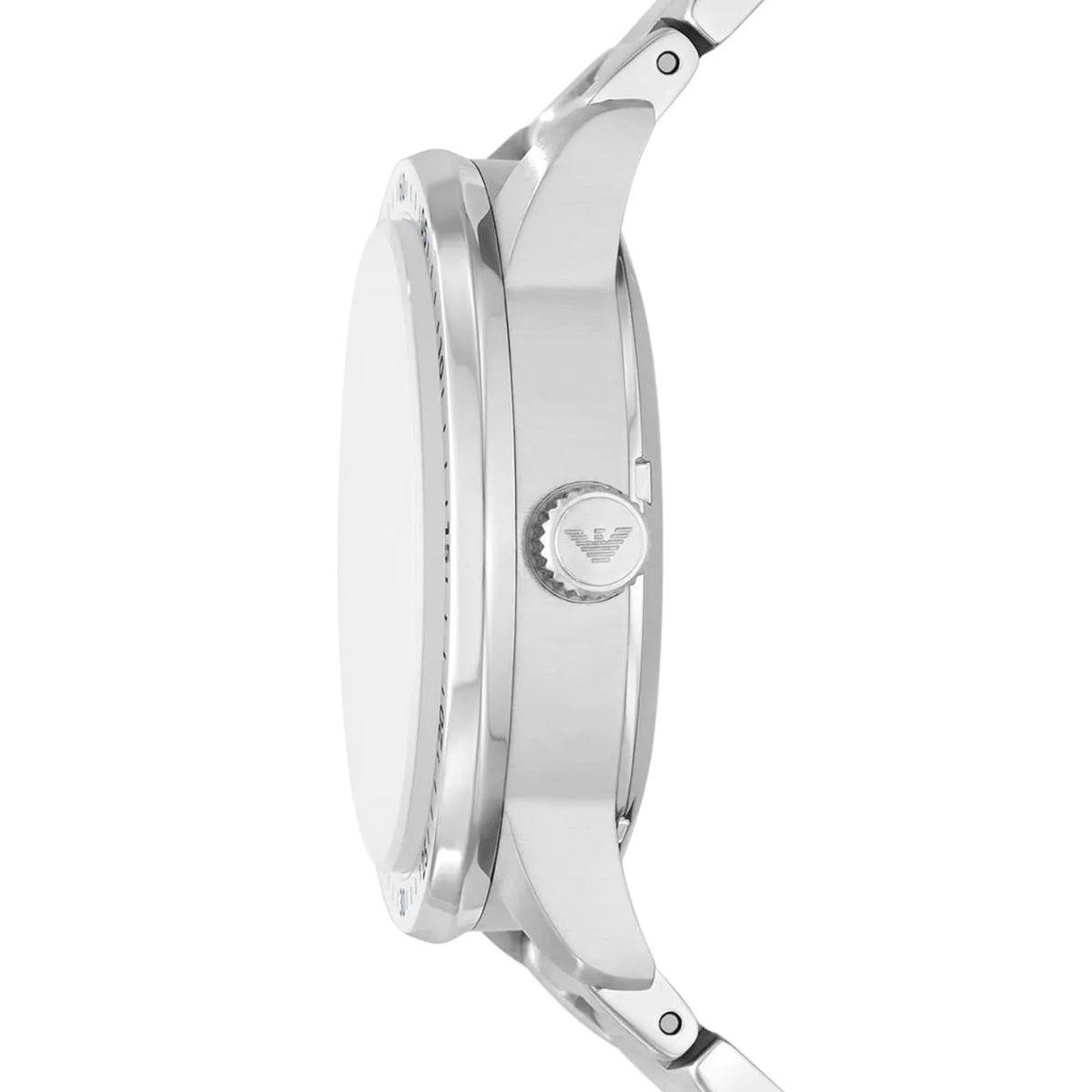 Emporio Armani Mario AR60053 side view displaying polished steel case edge and crown logo detail
