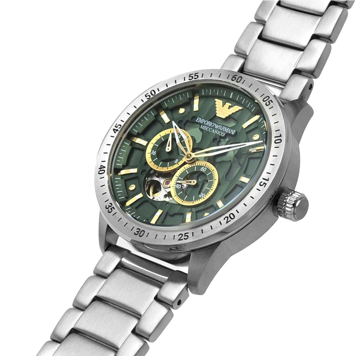 Emporio Armani Mario AR60053 angled front view showing green dial texture with outer bezel markings