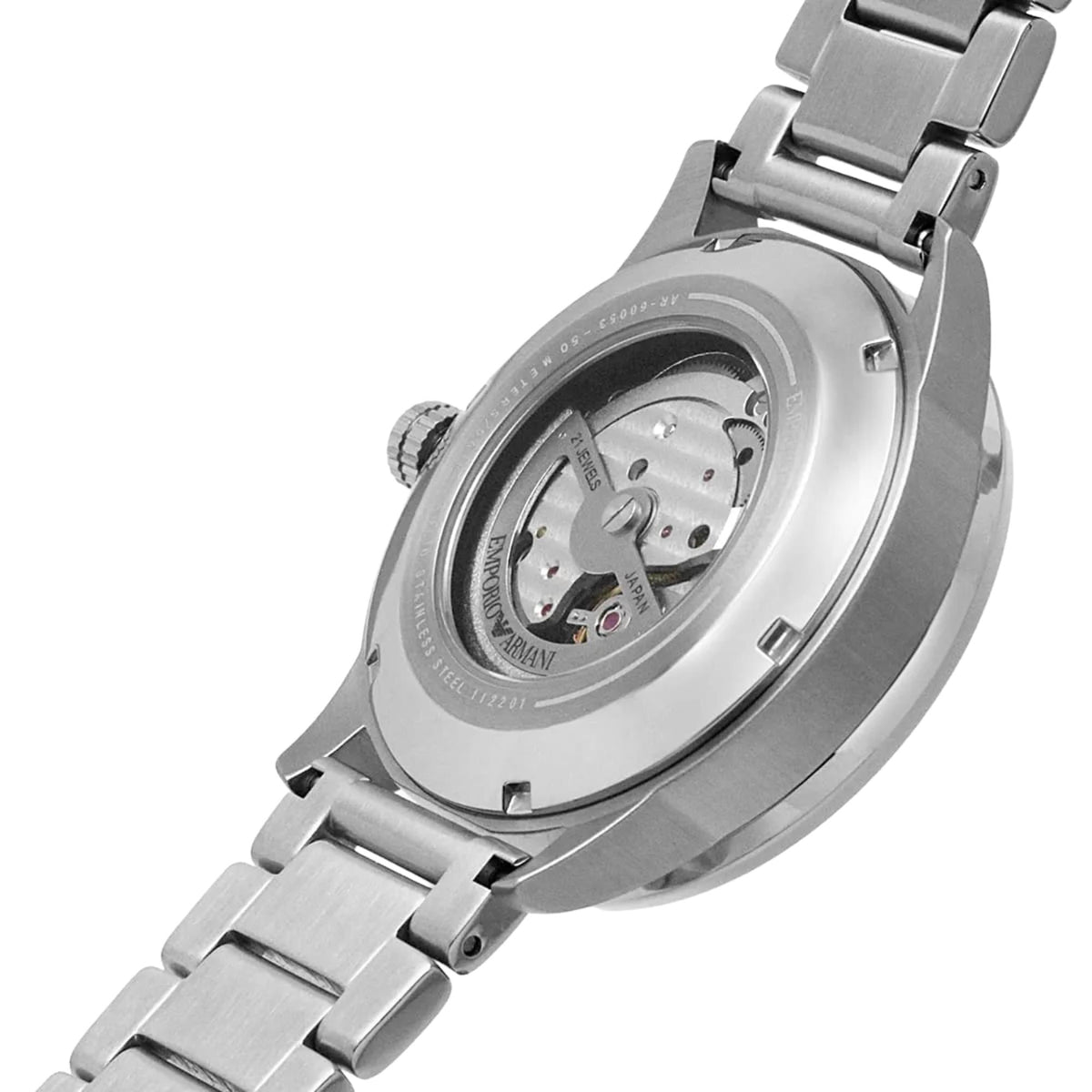 Emporio Armani Mario AR60053 perspective back view showing exhibition case back and automatic movement