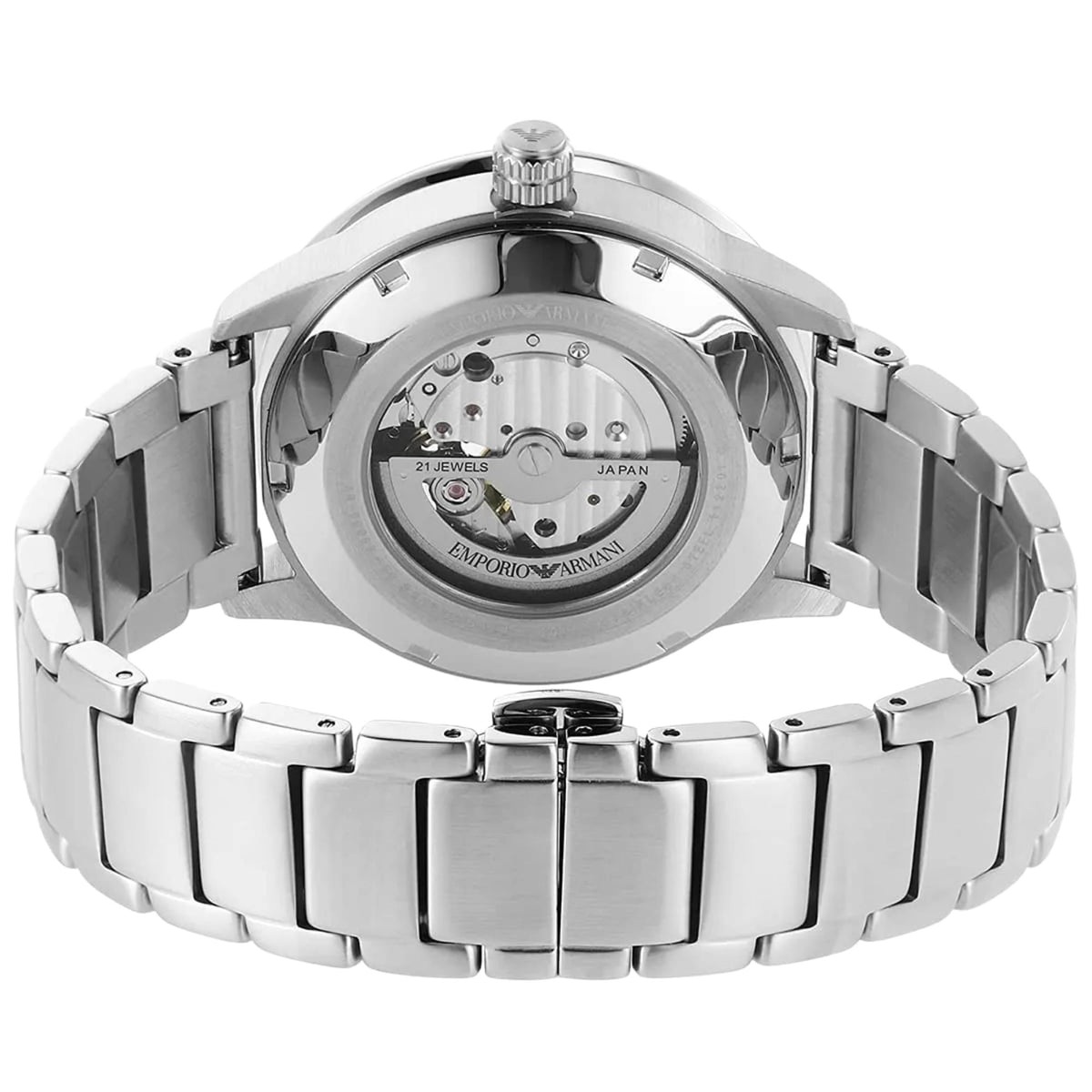 Emporio Armani Mario AR60053 rear perspective view displaying open movement case back and bracelet links