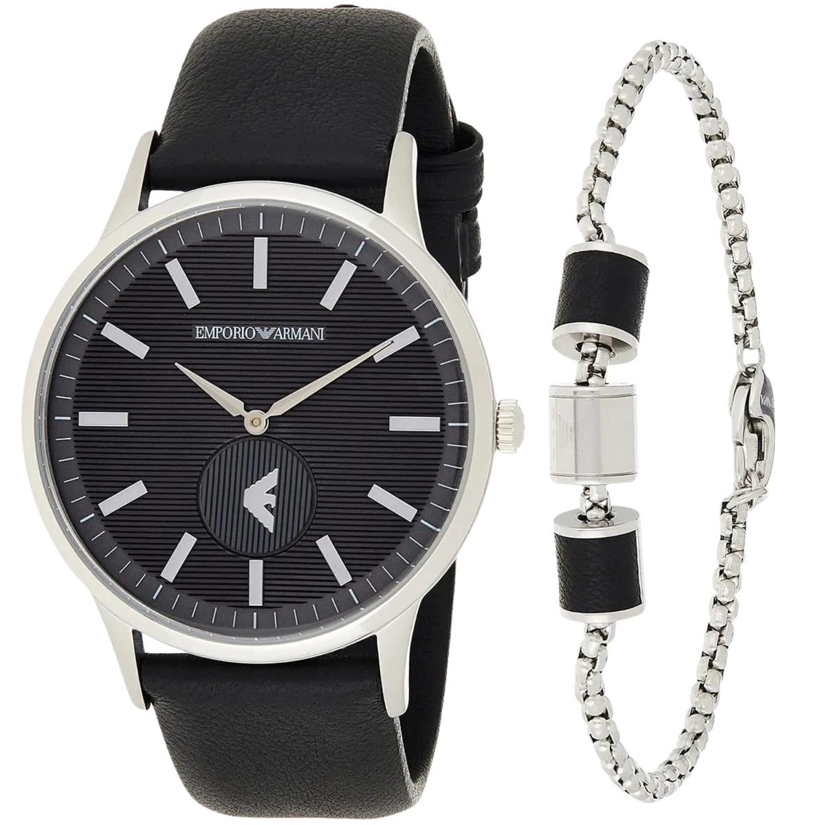 Emporio Armani Renato AR80039 angled front view of black dial quartz watch with steel beaded bracelet