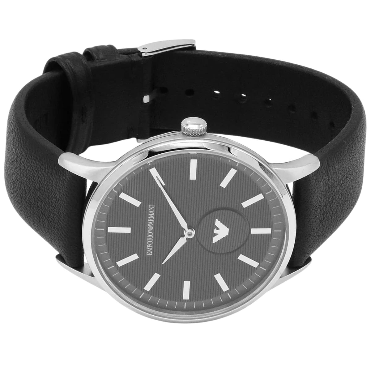 Emporio Armani Renato AR80039 overview displaying black dial face, round steel case, and leather strap
