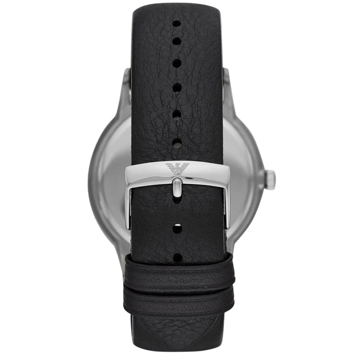 Emporio Armani Renato AR80039 back view highlighting black leather strap and engraved steel pin buckle