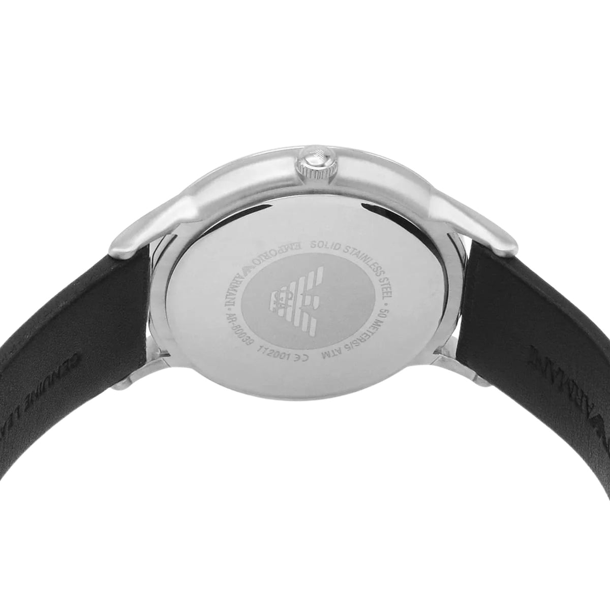 Emporio Armani Renato AR80039 solid steel back case displaying brand logo engraving and water resistance details