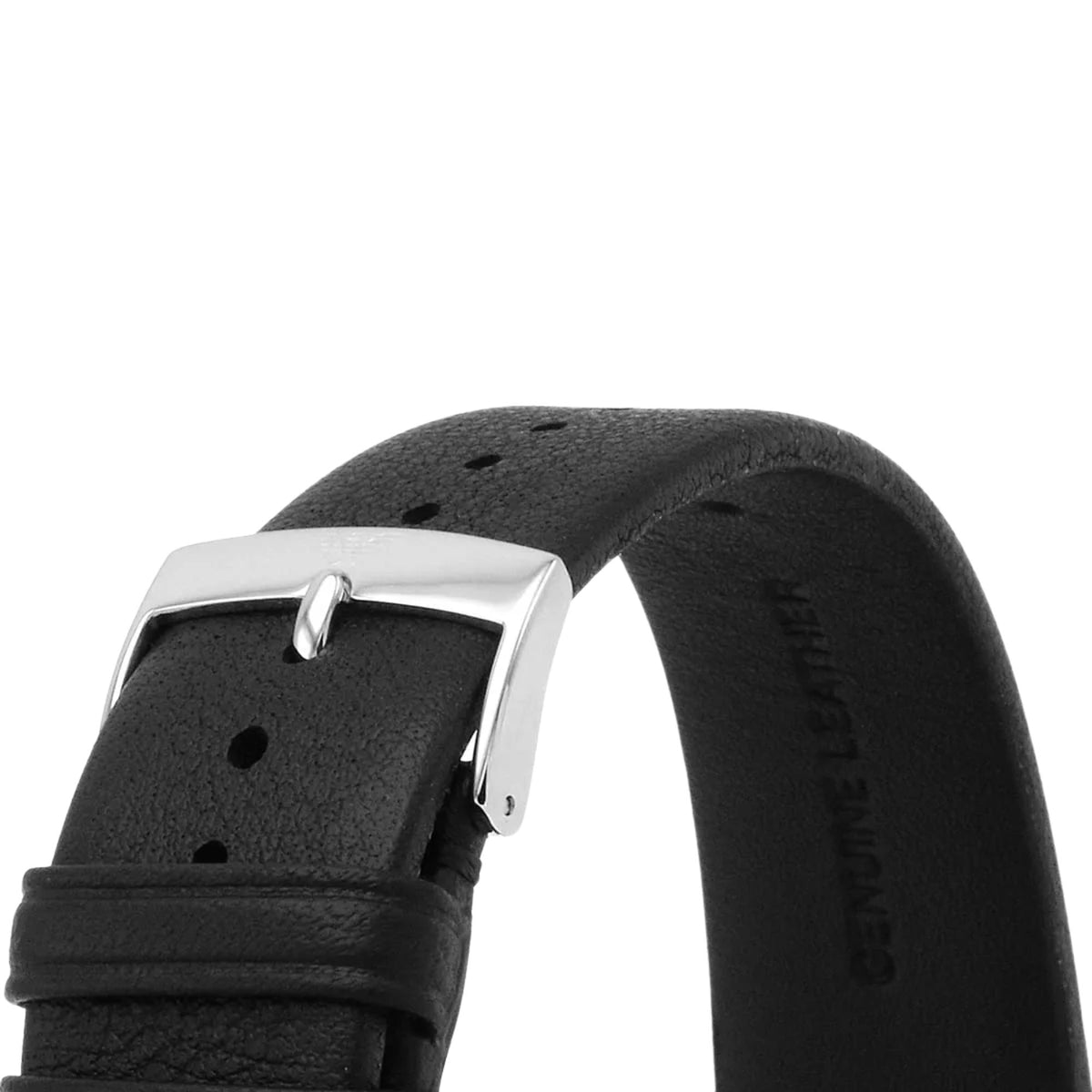 Emporio Armani Renato AR80039 close-up view of black textured leather strap and polished buckle clasp