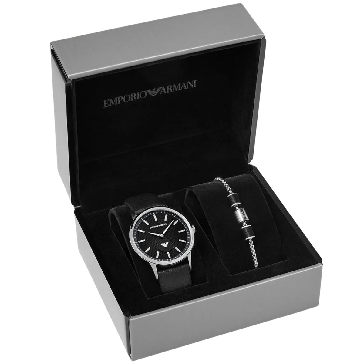 Emporio Armani Renato AR80039 presentation box set featuring a black dial watch alongside a matching bracelet