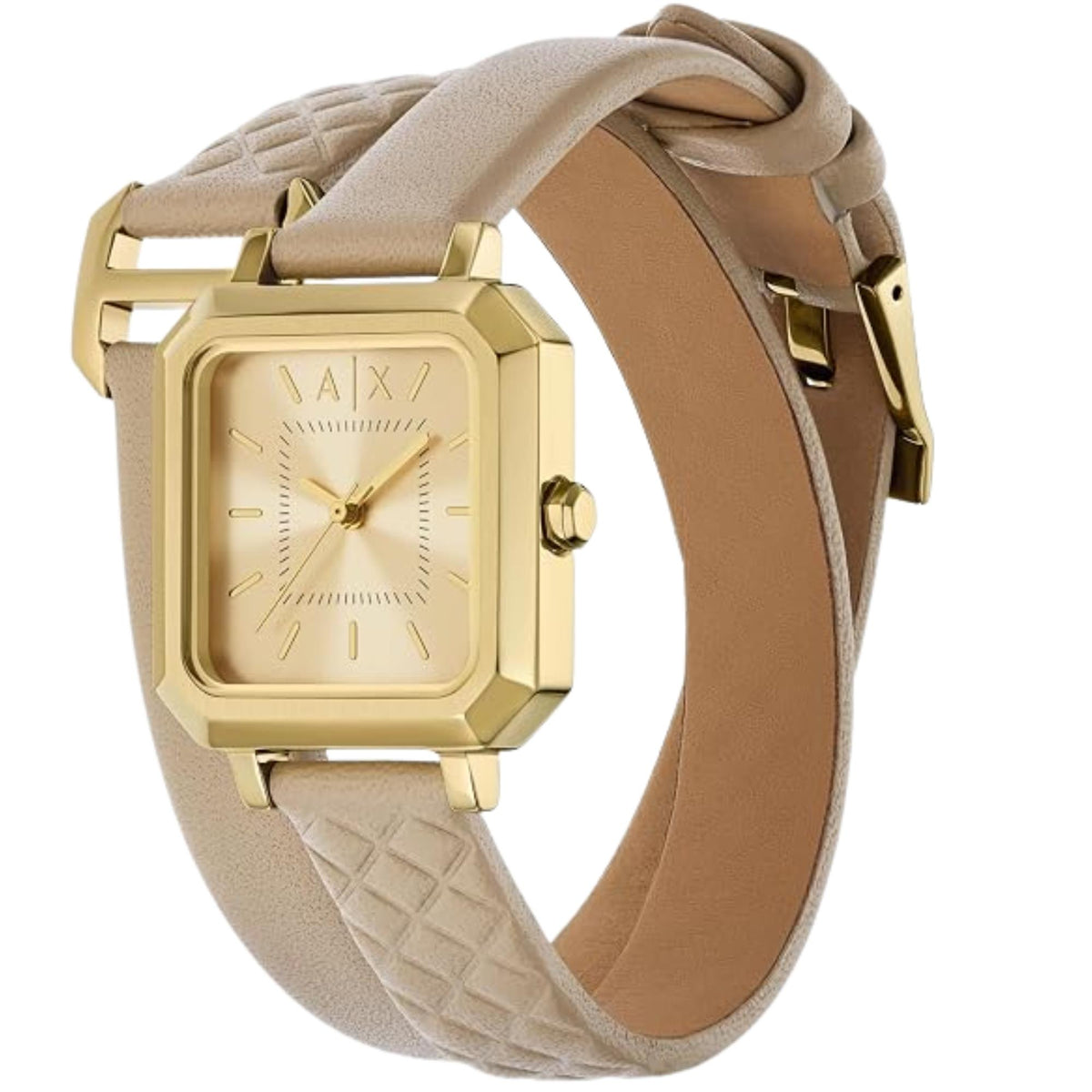 Armani Exchange Leila 27mm Gold Dial Yellow Gold-Tone Steel Leather Ladies Quartz Watch AX5728