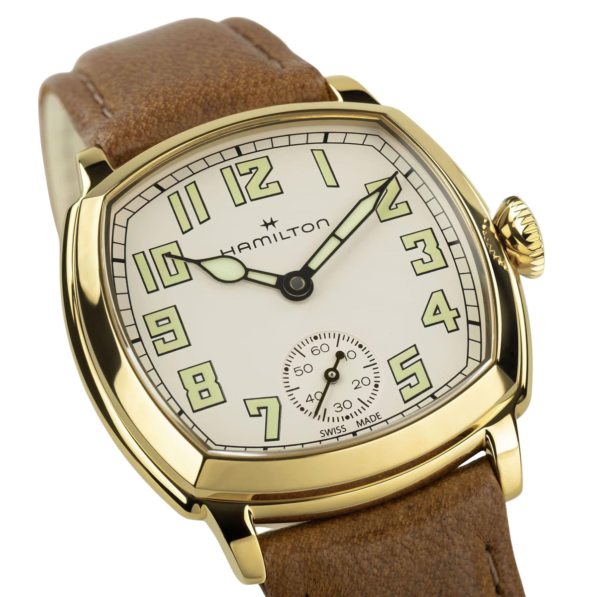 Hamilton American Classic Cushion Mechanical H36119520 close-up view of beige dial showing sub-dial and numerical markers