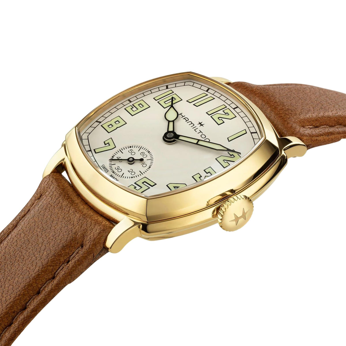 Hamilton American Classic Cushion Mechanical H36119520 side profile view showing beige dial with crown detail and yellow gold-tone steel case