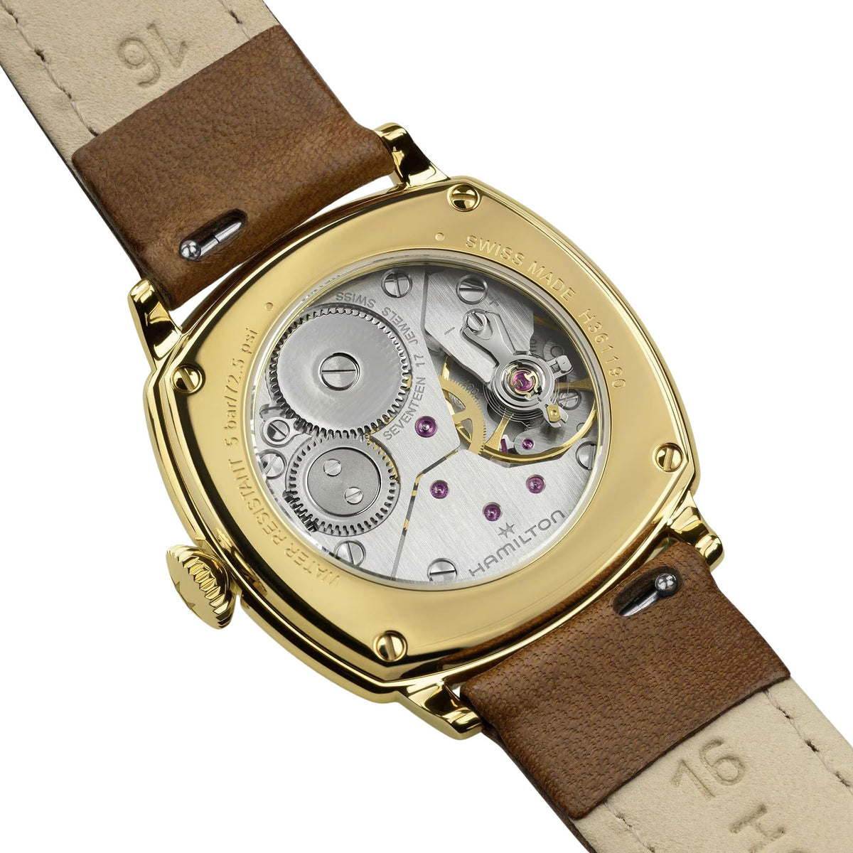 Hamilton American Classic Cushion Mechanical H36119520 back case showing exhibition window and manual-wind movement