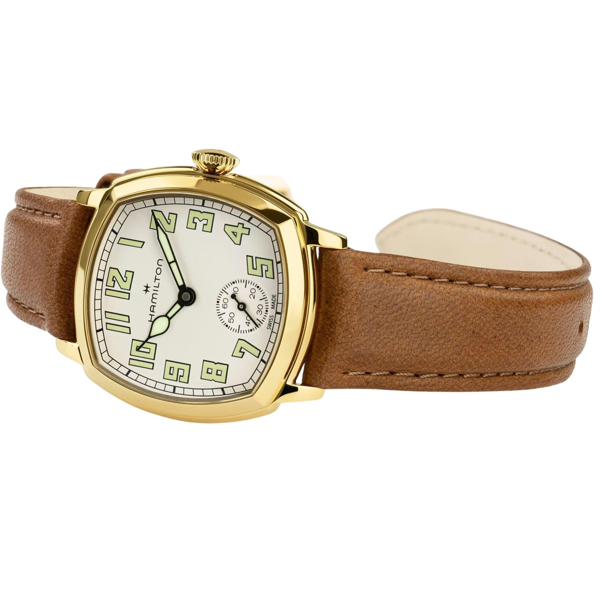 Hamilton American Classic Cushion Mechanical H36119520 studio shot displaying beige dial with yellow gold-tone steel case and leather strap