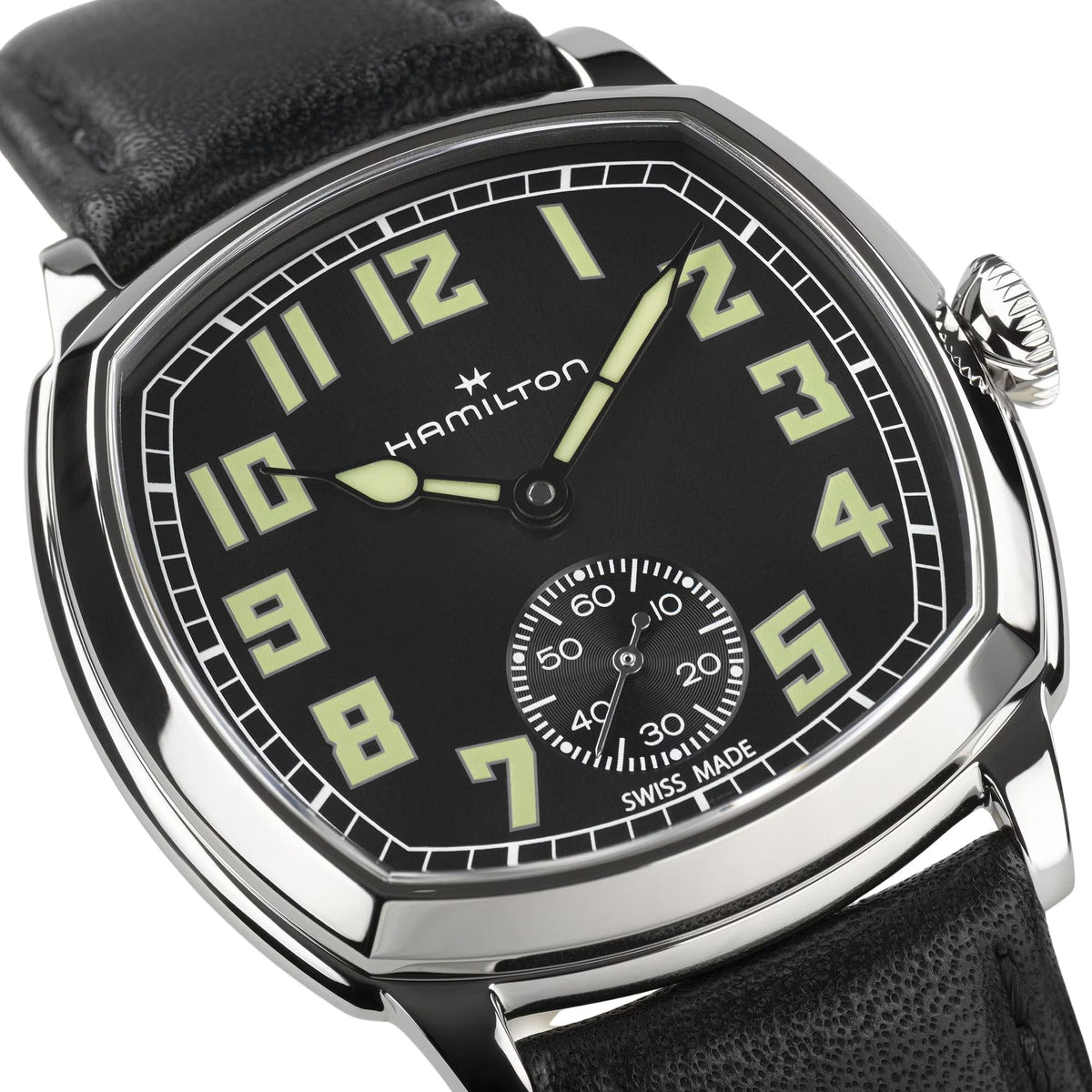 Hamilton American Classic Cushion Mechanical 34mm Black Dial Leather Mens Manual-Wind Watch H36129730