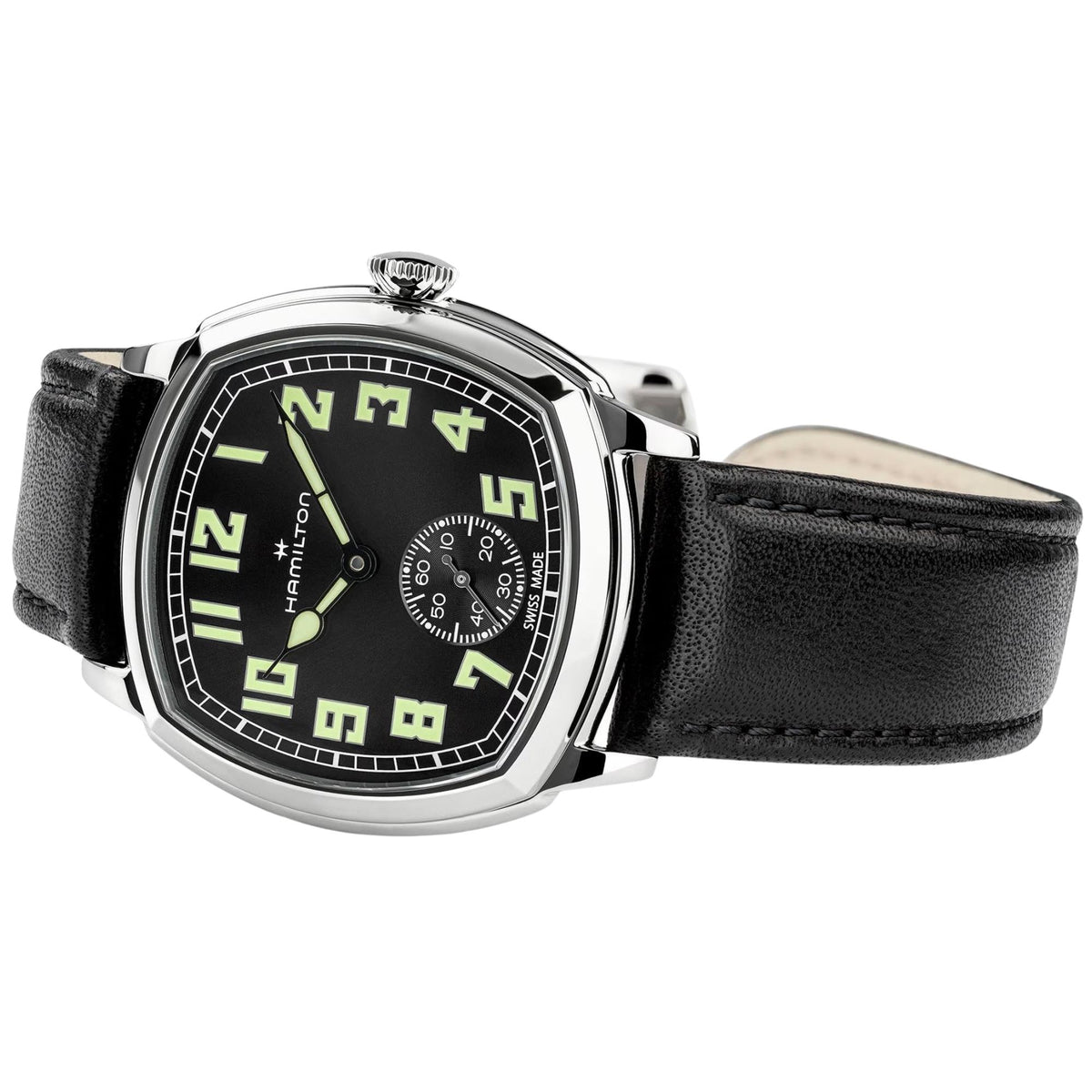 Hamilton American Classic Cushion Mechanical 34mm Black Dial Leather Mens Manual-Wind Watch H36129730