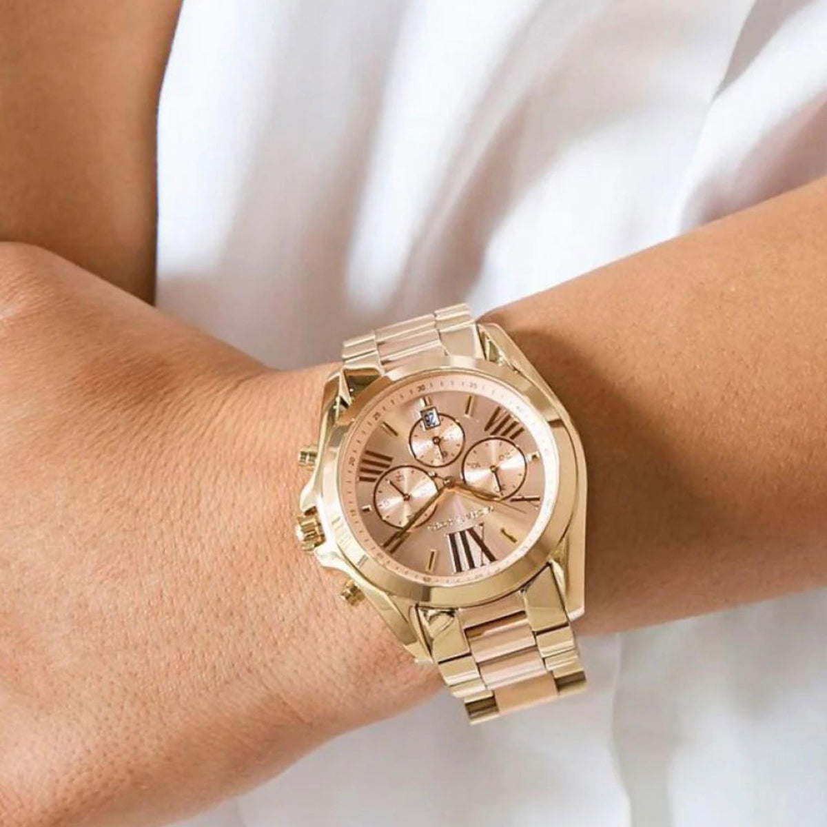 Michael Kors Bradshaw 43mm Chronograph Rose Gold Dial Yellow Gold-Tone Steel Ladies Quartz Watch MK6359