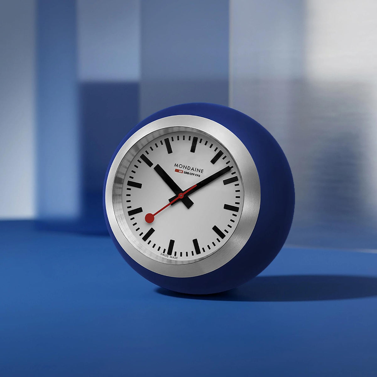Mondaine Globe 6cm White Face Blue Case Quartz Table Clock A660.30335.16SBD