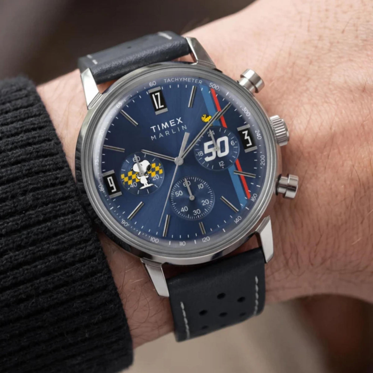 Timex Peanuts x Marlin 40mm Chronograph Blue Dial Leather Mens Quartz Watch TW2Y85300