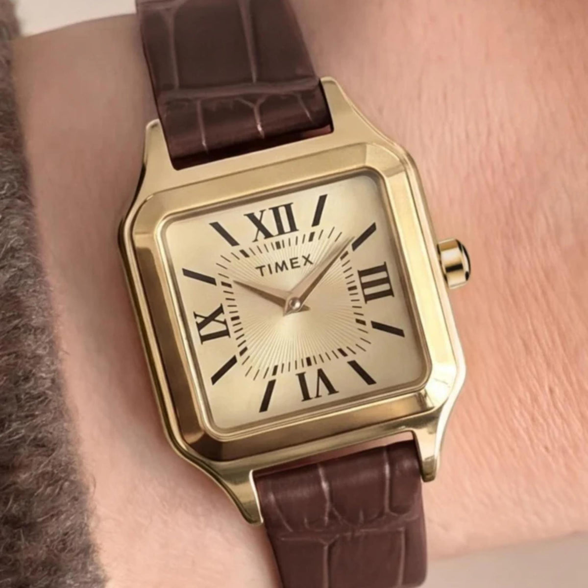 Timex Trend Addison 23mm Champagne Dial Yellow Gold-Tone Steel Leather Ladies Quartz Watch TW2Y90700