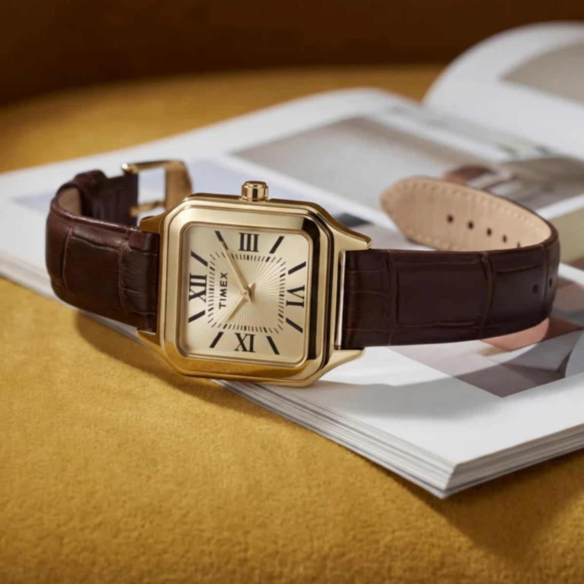 Timex Trend Addison 23mm Champagne Dial Yellow Gold-Tone Steel Leather Ladies Quartz Watch TW2Y90700