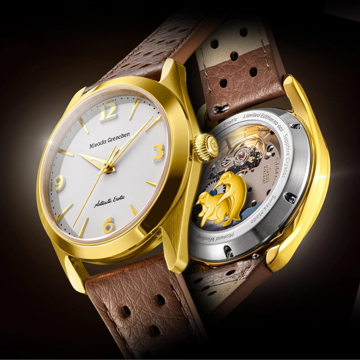 Nivada Grenchen Antarctic Erotic Gold 38mm White Dial 18ct Yellow Gold-Plated Steel Leather Mens Manual-Wind Watch 320697M23