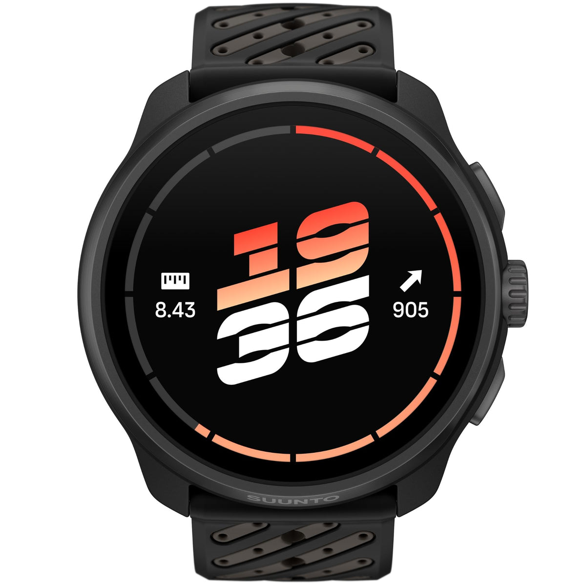 Suunto Race S SS051645000 front view featuring digital AMOLED display screen, titanium bezel, and perforated black silicone strap