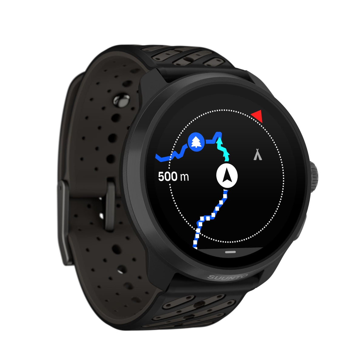 Suunto Race S SS051645000 angled view displaying compass trail route navigation screen with pin buckle strap