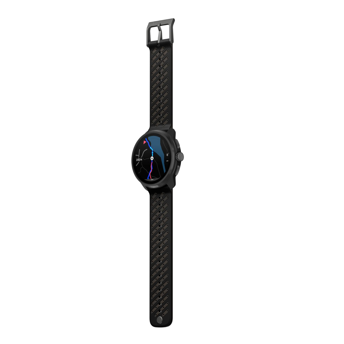 Suunto Race S SS051645000 flat lay view displaying digital screen and extended perforated silicone strap