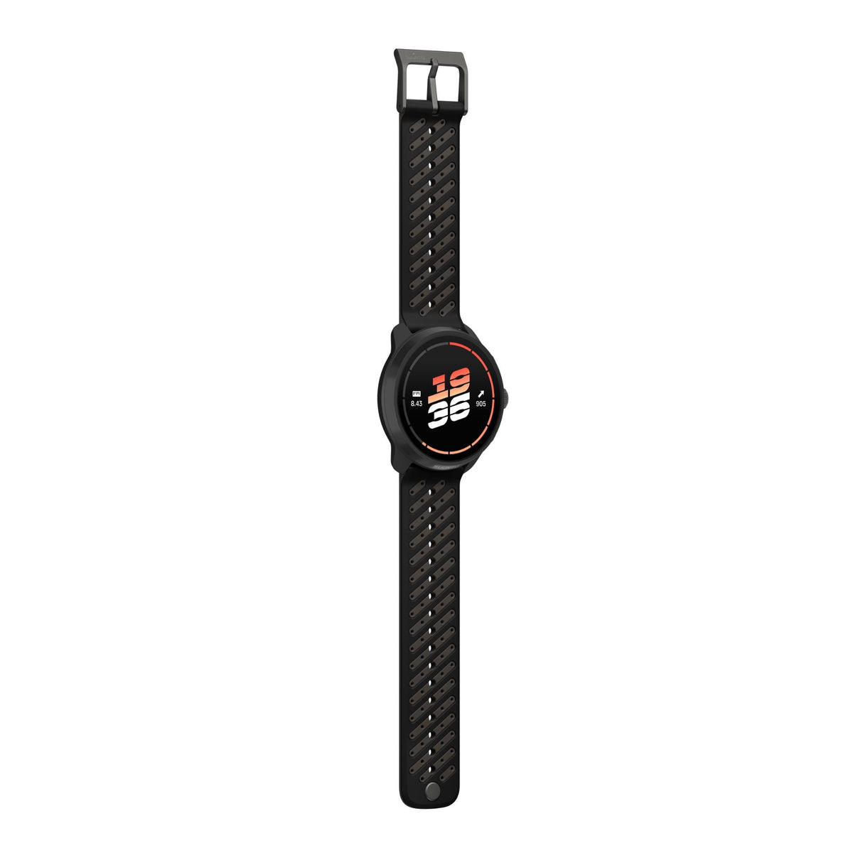 Suunto Race S SS051645000 studio flat lay view displaying digital clock display and full black silicone strap