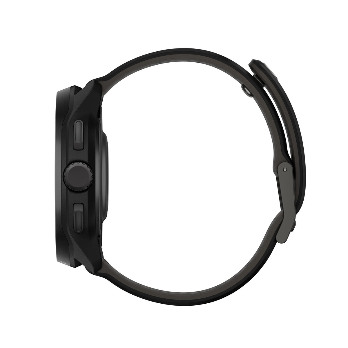 Suunto Race S SS051645000 side profile view showing titanium case, digital crown dial, pushers, and silicone strap loop