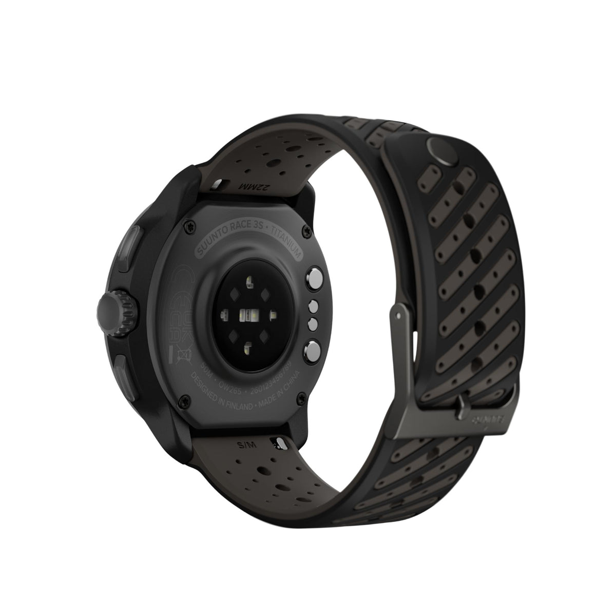 Suunto Race 3S SS051645000 rear view showing optical heart rate sensor array on back case and ventilated silicone strap buckle