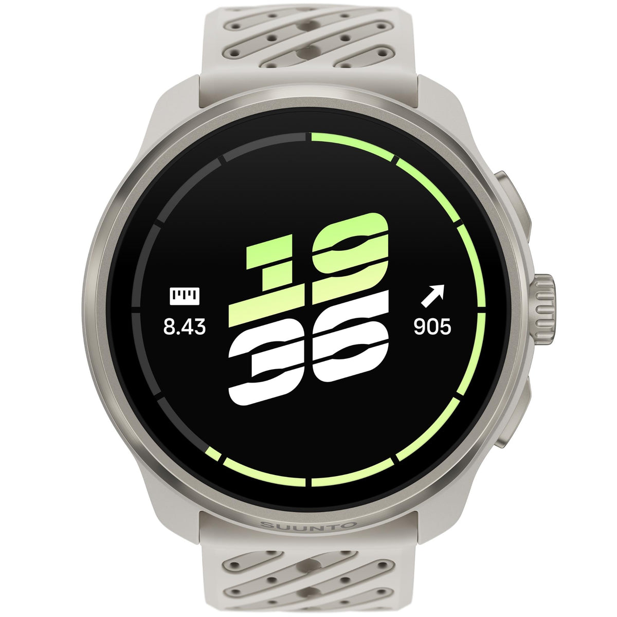 Suunto Race 3S SS051646000 front view featuring digital AMOLED display face, titanium bezel, and perforated silicone strap
