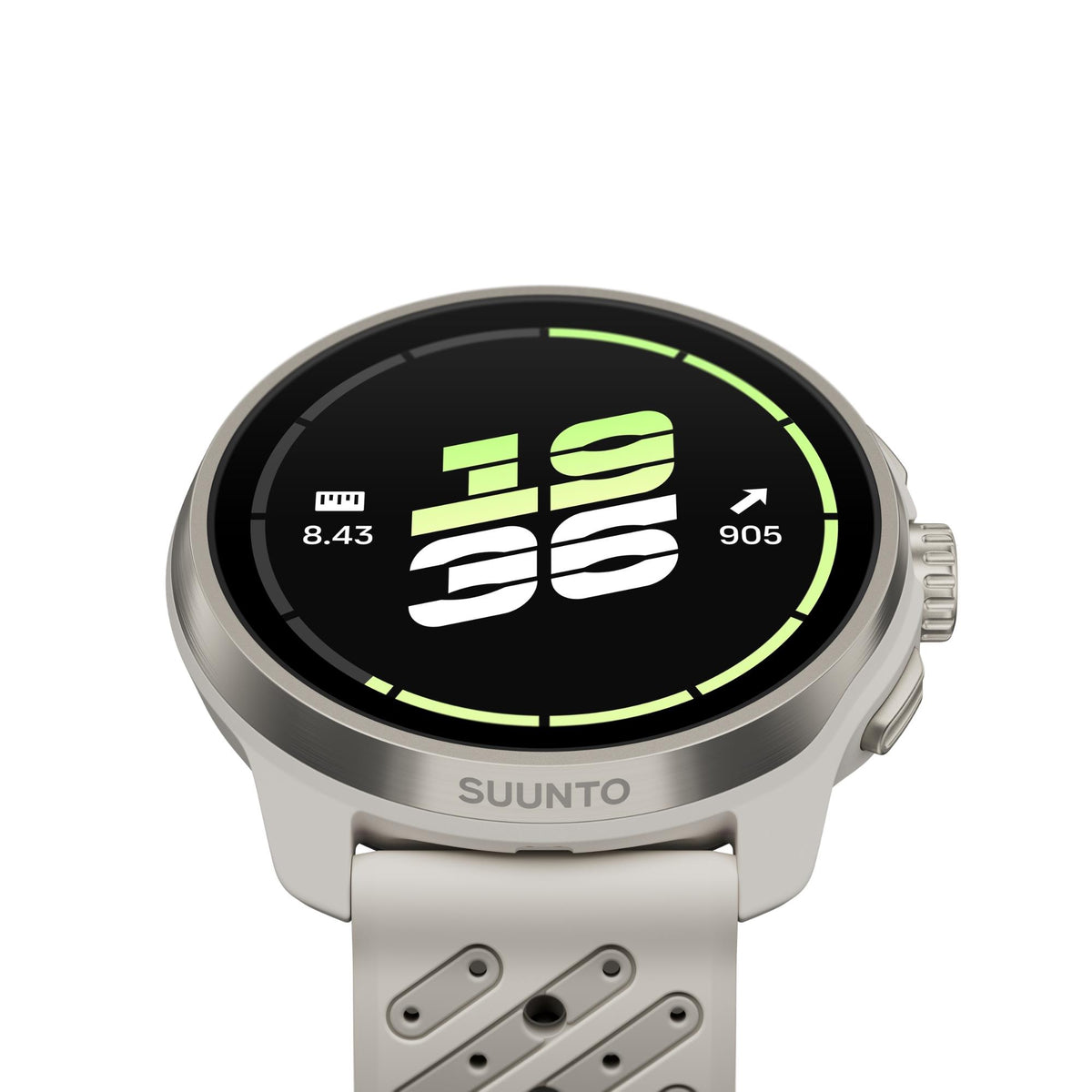 Suunto Race 3S SS051646000 close-up view of digital watch face display with titanium case profile
