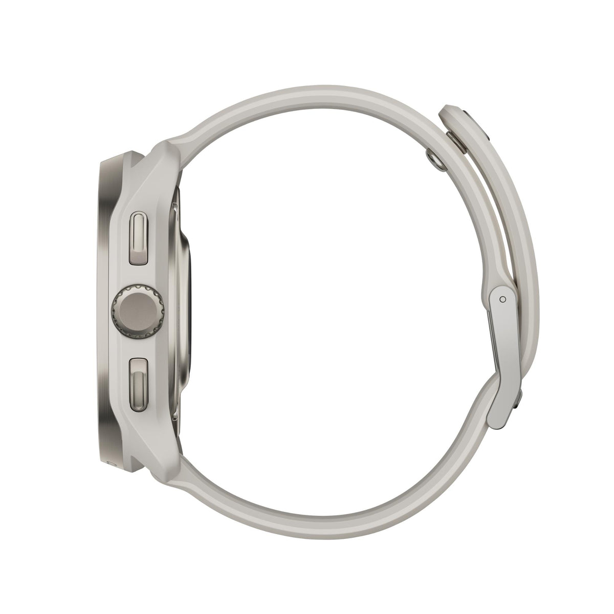 Suunto Race 3S SS051646000 side profile view showing titanium case, control crown, pushers, and silicone strap curvature