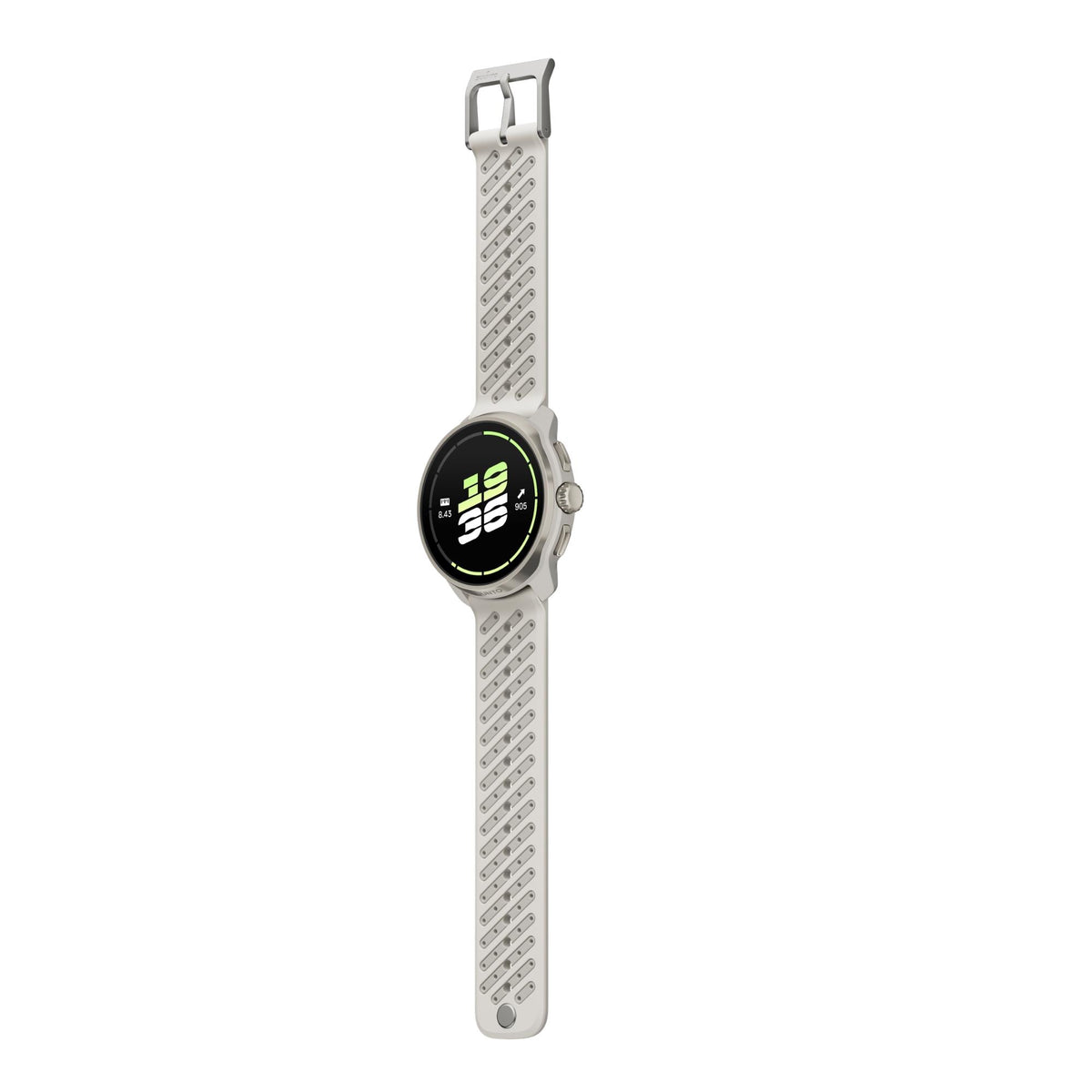 Suunto Race 3S SS051646000 studio flat lay view displaying digital screen and extended perforated silicone strap