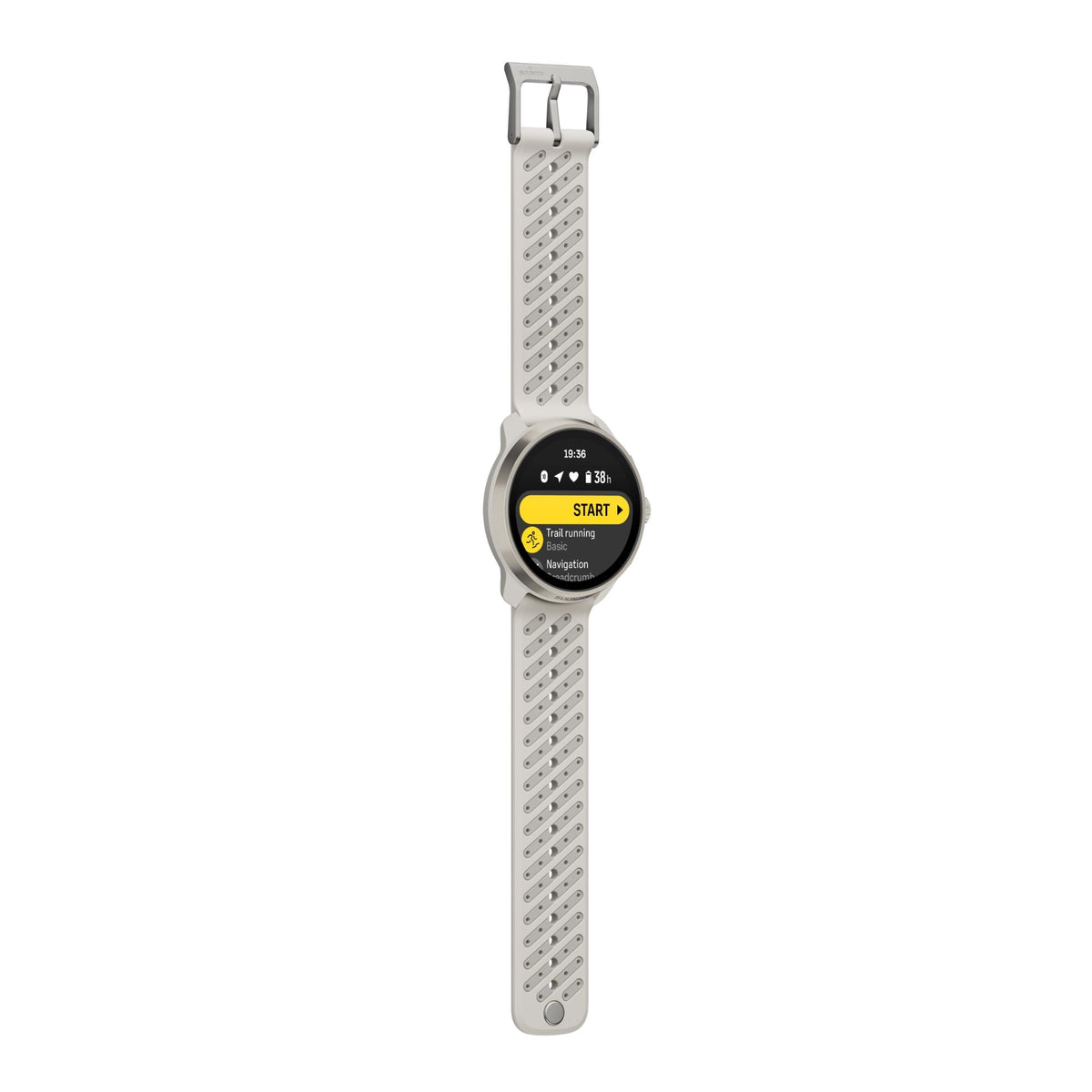 Suunto Race 3S SS051646000 flat lay view displaying digital screen and extended feather silicone strap